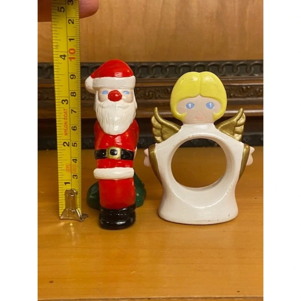 Vintage Hand Painted Ceramic Christmas Napkin Rings Santa Claus and Angel Set 2